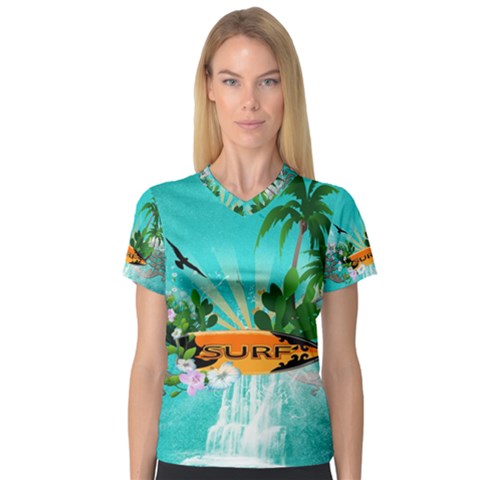 Surfboard With Palm And Flowers Women s V-neck Sport Mesh Tee by FantasyWorld7
