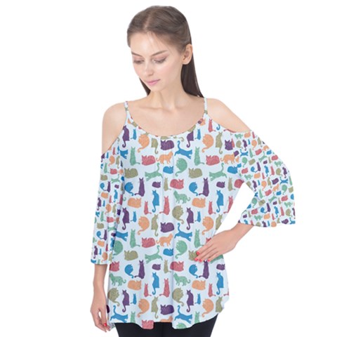 Blue Colorful Cats Silhouettes Pattern Flutter Tees by Contest580383