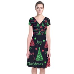 New Year Pattern - Red And Green Short Sleeve Front Wrap Dress by Valentinaart