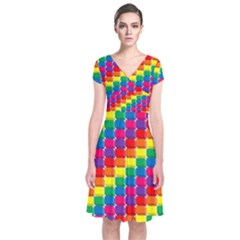 Rainbow 3d Cubes Red Orange Short Sleeve Front Wrap Dress by Nexatart
