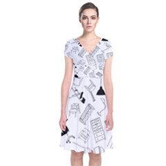 Furniture Black Decor Pattern Short Sleeve Front Wrap Dress by Simbadda