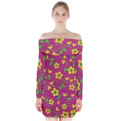 Floral Pattern Long Sleeve Off Shoulder Dress by Valentinaart