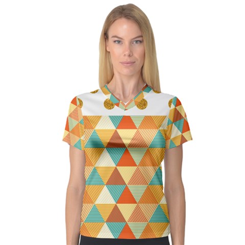 Golden Dots And Triangles Pattern Women s V-neck Sport Mesh Tee by TastefulDesigns