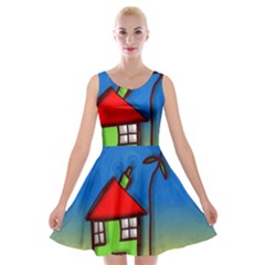 Colorful Illustration Of A Doodle House Velvet Skater Dress by Nexatart