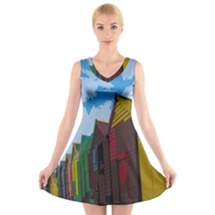 Brightly Colored Dressing Huts V-neck Sleeveless Skater Dress by Nexatart