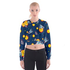 Rocket Ufo Moon Star Space Planet Blue Circle Cropped Sweatshirt by Mariart