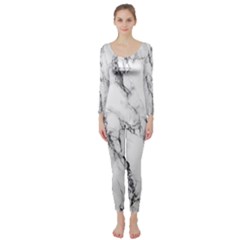 White Marble Stone Print Long Sleeve Catsuit by Dushan
