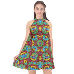 Geometric Multicolored Print Halter Neckline Chiffon Dress  by dflcprintsclothing