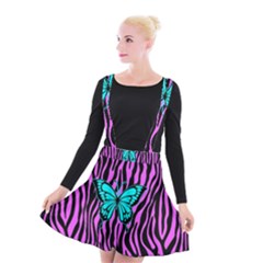 Zebra Stripes Black Pink   Butterfly Turquoise Suspender Skater Skirt by EDDArt