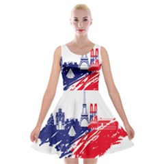 Eiffel Tower Monument Statue Of Liberty France England Red Blue Velvet Skater Dress by Mariart