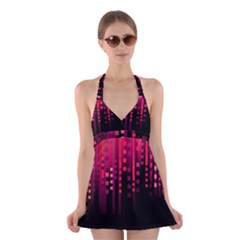 Line Vertical Plaid Light Black Red Purple Pink Sexy Halter Swimsuit Dress by Mariart