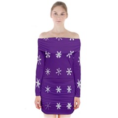 Purple Flower Floral Star White Long Sleeve Off Shoulder Dress by Mariart