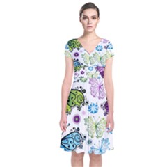 Butterfly Animals Fly Purple Green Blue Polkadot Flower Floral Star Short Sleeve Front Wrap Dress by Mariart