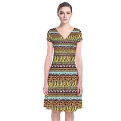 Bohemian Fabric Pattern Short Sleeve Front Wrap Dress by BangZart
