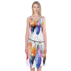 Watercolor Feathers Midi Sleeveless Dress by LimeGreenFlamingo