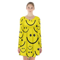 Digitally Created Yellow Happy Smile  Face Wallpaper Long Sleeve Velvet V-neck Dress by BangZart