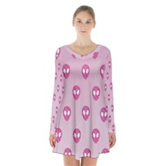 Alien Pattern Pink Long Sleeve Velvet V-neck Dress by BangZart