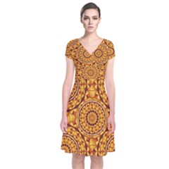Golden Mandalas Pattern Short Sleeve Front Wrap Dress by linceazul