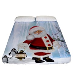 Santa Claus With Funny Penguin Fitted Sheet (queen Size) by FantasyWorld7