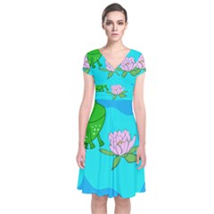 Frog Flower Lilypad Lily Pad Water Short Sleeve Front Wrap Dress by BangZart