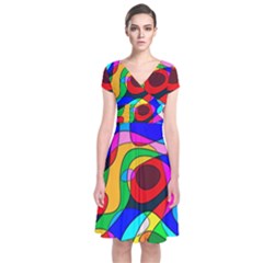 Digital Multicolor Colorful Curves Short Sleeve Front Wrap Dress by BangZart