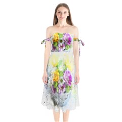 Flowers Vase Art Abstract Nature Shoulder Tie Bardot Midi Dress by Celenk