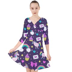 Cute Unicorn Pattern Quarter Sleeve Front Wrap Dress by Valentinaart