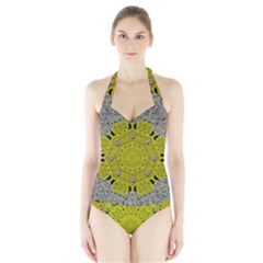 Sunshine And Silver Hearts In Love Halter Swimsuit by pepitasart