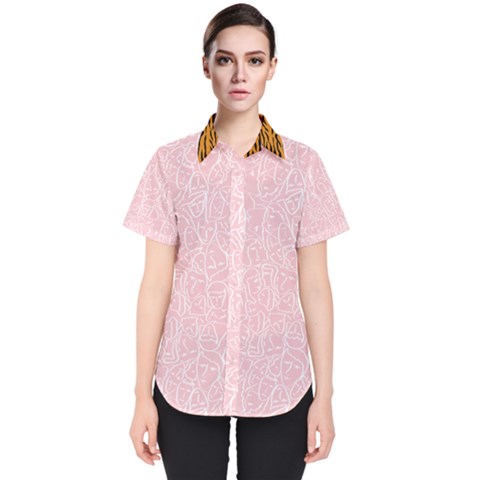 Elios Shirt Faces In White Outlines On Pale Pink Cmbyn Women s Short Sleeve Shirt by PodArtist