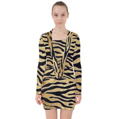 Golden Vector Embossed Golden Black Zebra Stripes V-neck Bodycon Long Sleeve Dress by flipstylezfashionsLLC