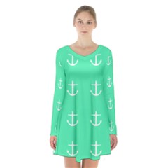 Seafoam Anchors Long Sleeve Velvet V-neck Dress by snowwhitegirl