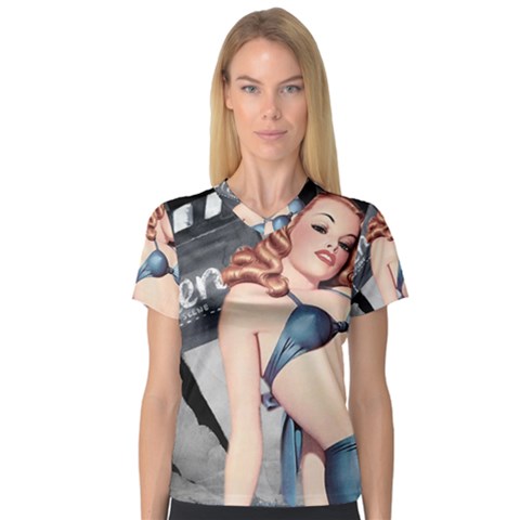 Retro Pin Up Girl Blue V-neck Sport Mesh Tee by vintage2030