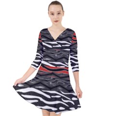 Black And Red Zebra Stripes  Pattern By Flipstylez Designs Quarter Sleeve Front Wrap Dress by flipstylezfashionsLLC