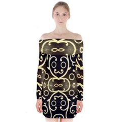 Black Embossed Swirls In Gold By Flipstylez Designs Long Sleeve Off Shoulder Dress by flipstylezfashionsLLC