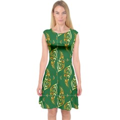 Rich Green Gold Peacock Feather Pattern Capsleeve Midi Dress by PKHarrisPlace