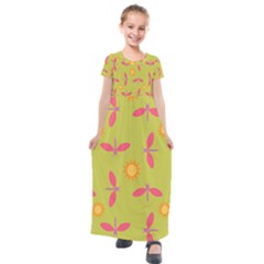 Dragonfly Sun Flower Seamlessly Kids  Short Sleeve Maxi Dress by Nexatart
