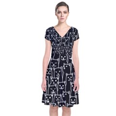 Funny Cat Pattern Organic Style Minimalist On Black Background Short Sleeve Front Wrap Dress by genx