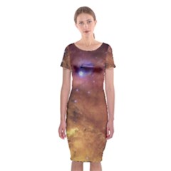 Cosmic Astronomy Sky With Stars Orange Brown And Yellow Classic Short Sleeve Midi Dress by genx
