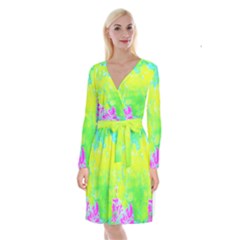 Fluorescent Yellow And Pink Abstract Garden Foliage Long Sleeve Velvet Front Wrap Dress by myrubiogarden