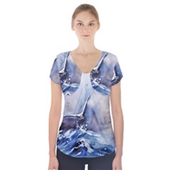 Art Painting Sea Storm Seagull Short Sleeve Front Detail Top by Pakrebo