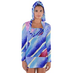 Painting Abstract Blue Pink Spots Long Sleeve Hooded T-shirt by Pakrebo