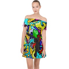 Graffiti Abstract With Colorful Tubes And Biology Artery Theme Off Shoulder Chiffon Dress by genx