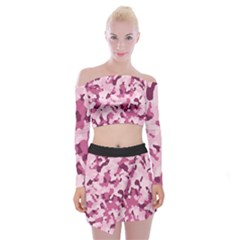 Standard Violet Pink Camouflage Army Military Girl Off Shoulder Top With Mini Skirt Set by snek