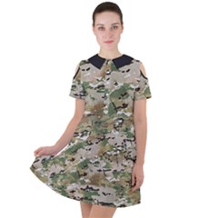 Wood Camouflage Military Army Green Khaki Pattern Short Sleeve Shoulder Cut Out Dress  by snek