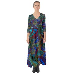 Fractal Abstract Line Wave Unique Button Up Boho Maxi Dress by Alisyart