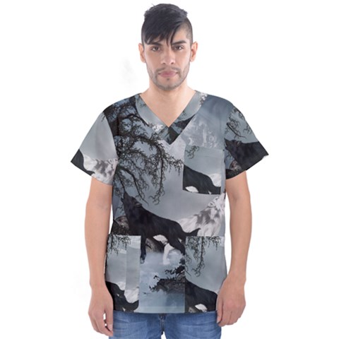 Awesome Black And White Wolf In The Dark Night Men s V-neck Scrub Top by FantasyWorld7