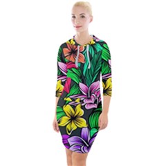 Neon Hibiscus Quarter Sleeve Hood Bodycon Dress by retrotoomoderndesigns