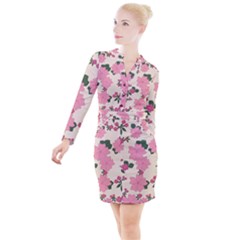 Floral Vintage Flowers Wallpaper Button Long Sleeve Dress by Mariart