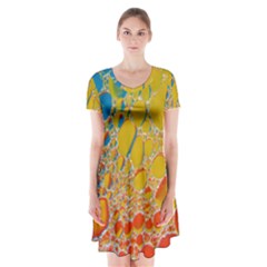 Bubbles Abstract Lights Yellow Short Sleeve V-neck Flare Dress by Sudhe