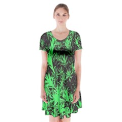 Green Etched Background Short Sleeve V-neck Flare Dress by Sudhe